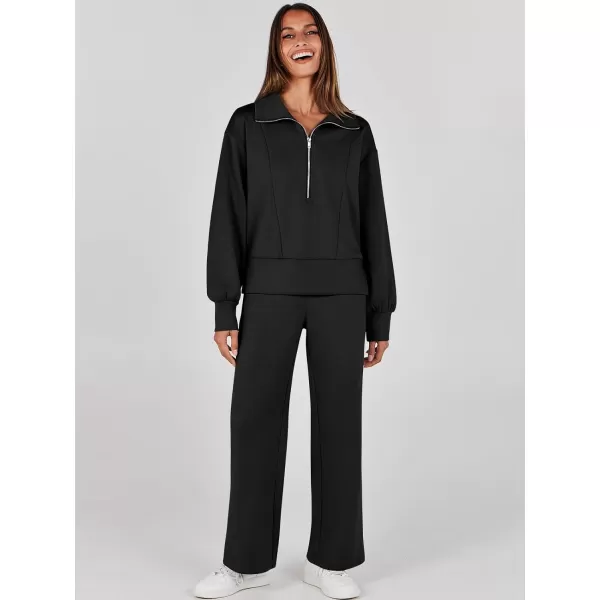 imageANRABESS Womens Two Piece Outfits 2023 Fall Sweatsuit Set Half Zip Cropped Sweatshirt Wide Leg Sweatpant Lounge SetBlack