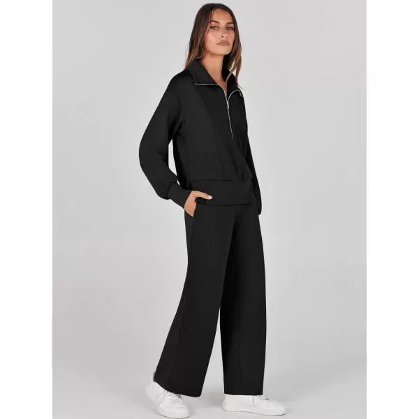 imageANRABESS Womens Two Piece Outfits 2023 Fall Sweatsuit Set Half Zip Cropped Sweatshirt Wide Leg Sweatpant Lounge SetBlack