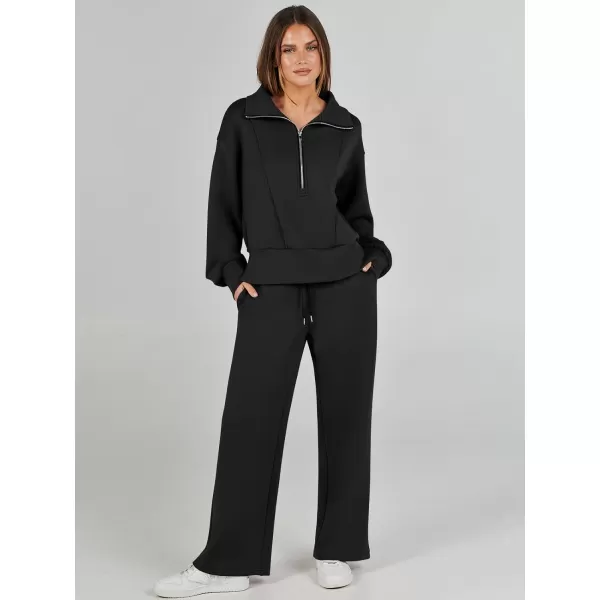 imageANRABESS Womens Two Piece Outfits 2023 Fall Sweatsuit Set Half Zip Cropped Sweatshirt Wide Leg Sweatpant Lounge SetBlack