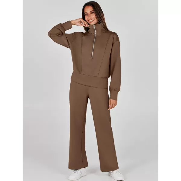imageANRABESS Womens Two Piece Outfits 2023 Fall Sweatsuit Set Half Zip Cropped Sweatshirt Wide Leg Sweatpant Lounge SetBrown
