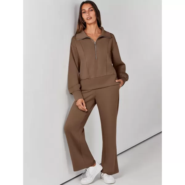 imageANRABESS Womens Two Piece Outfits 2023 Fall Sweatsuit Set Half Zip Cropped Sweatshirt Wide Leg Sweatpant Lounge SetBrown
