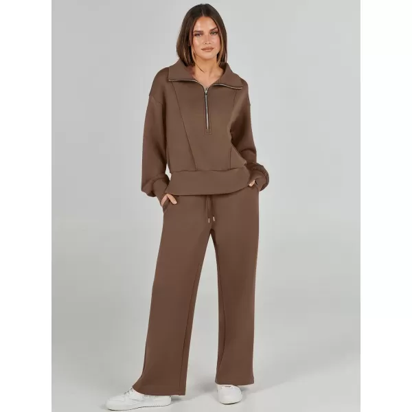 imageANRABESS Womens Two Piece Outfits 2023 Fall Sweatsuit Set Half Zip Cropped Sweatshirt Wide Leg Sweatpant Lounge SetBrown