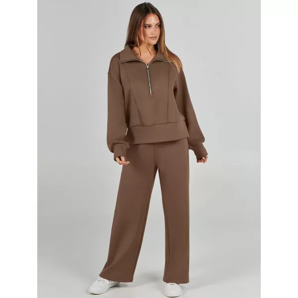 imageANRABESS Womens Two Piece Outfits 2023 Fall Sweatsuit Set Half Zip Cropped Sweatshirt Wide Leg Sweatpant Lounge SetBrown