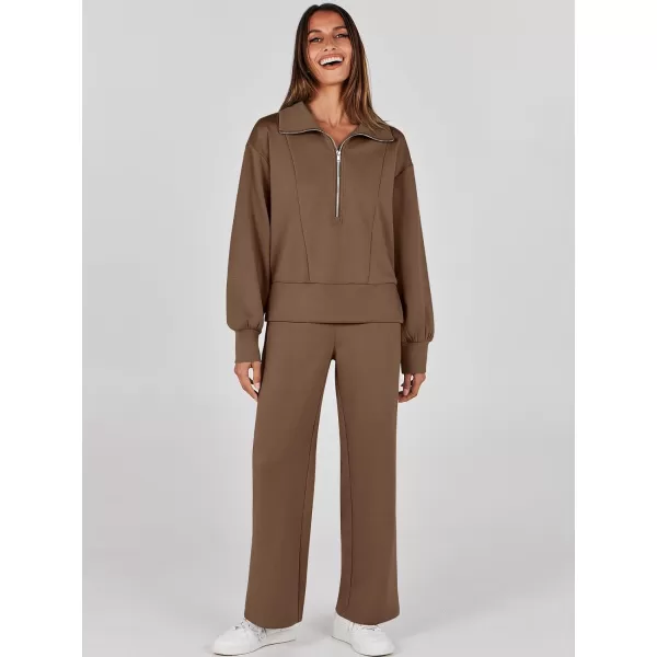 imageANRABESS Womens Two Piece Outfits 2023 Fall Sweatsuit Set Half Zip Cropped Sweatshirt Wide Leg Sweatpant Lounge SetBrown