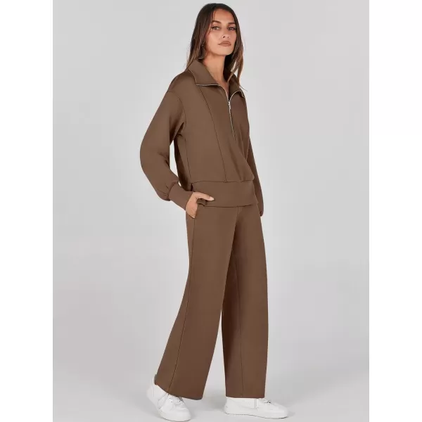 imageANRABESS Womens Two Piece Outfits 2023 Fall Sweatsuit Set Half Zip Cropped Sweatshirt Wide Leg Sweatpant Lounge SetBrown