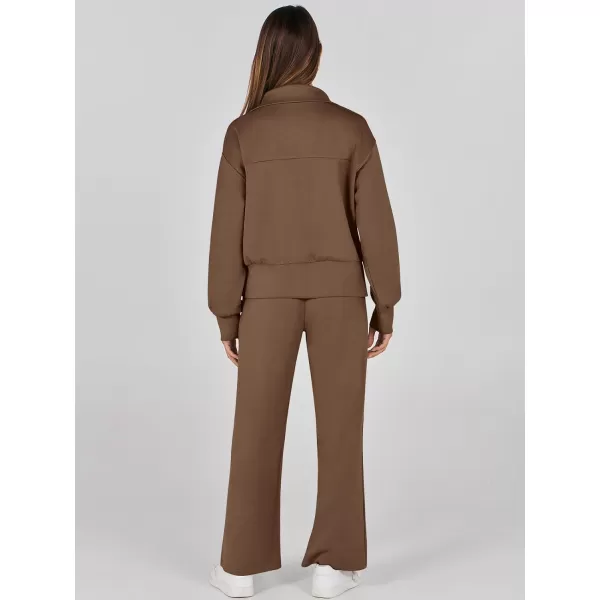 imageANRABESS Womens Two Piece Outfits 2023 Fall Sweatsuit Set Half Zip Cropped Sweatshirt Wide Leg Sweatpant Lounge SetBrown