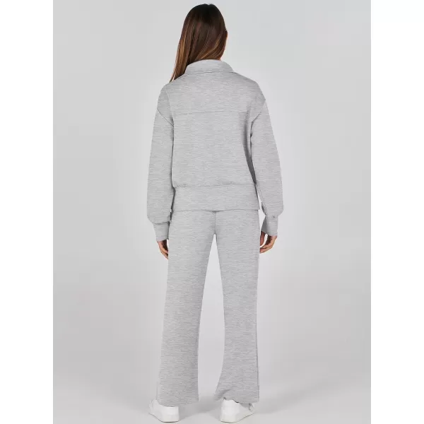 imageANRABESS Womens Two Piece Outfits 2023 Fall Sweatsuit Set Half Zip Cropped Sweatshirt Wide Leg Sweatpant Lounge SetGrey