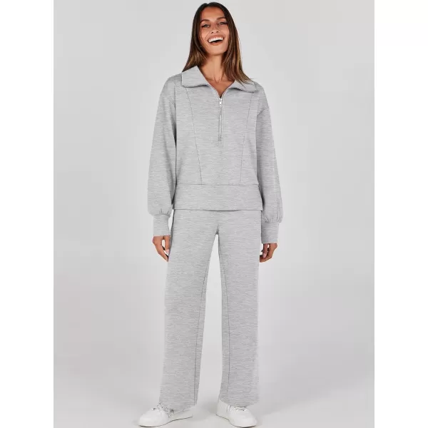 imageANRABESS Womens Two Piece Outfits 2023 Fall Sweatsuit Set Half Zip Cropped Sweatshirt Wide Leg Sweatpant Lounge SetGrey