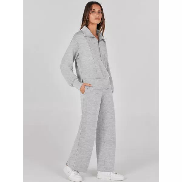 imageANRABESS Womens Two Piece Outfits 2023 Fall Sweatsuit Set Half Zip Cropped Sweatshirt Wide Leg Sweatpant Lounge SetGrey