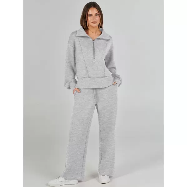 imageANRABESS Womens Two Piece Outfits 2023 Fall Sweatsuit Set Half Zip Cropped Sweatshirt Wide Leg Sweatpant Lounge SetGrey