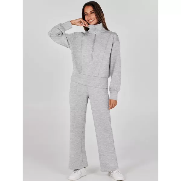imageANRABESS Womens Two Piece Outfits 2023 Fall Sweatsuit Set Half Zip Cropped Sweatshirt Wide Leg Sweatpant Lounge SetGrey