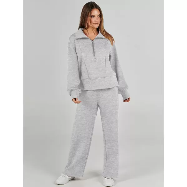 imageANRABESS Womens Two Piece Outfits 2023 Fall Sweatsuit Set Half Zip Cropped Sweatshirt Wide Leg Sweatpant Lounge SetGrey