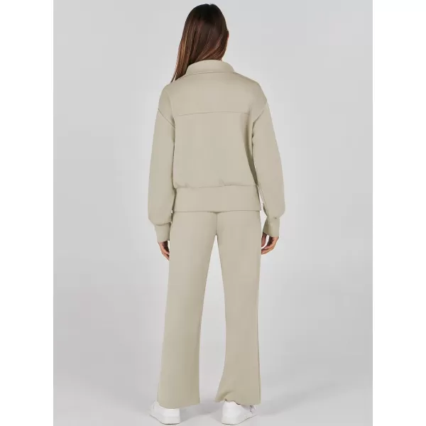 imageANRABESS Womens Two Piece Outfits 2023 Fall Sweatsuit Set Half Zip Cropped Sweatshirt Wide Leg Sweatpant Lounge SetLight Khaki
