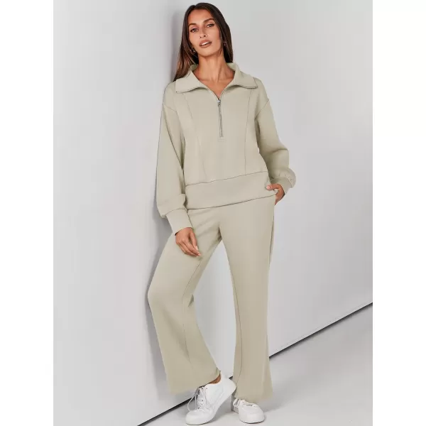 imageANRABESS Womens Two Piece Outfits 2023 Fall Sweatsuit Set Half Zip Cropped Sweatshirt Wide Leg Sweatpant Lounge SetLight Khaki