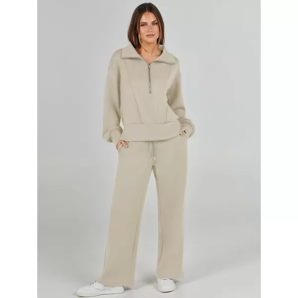 imageANRABESS Womens Two Piece Outfits 2023 Fall Sweatsuit Set Half Zip Cropped Sweatshirt Wide Leg Sweatpant Lounge SetLight Khaki