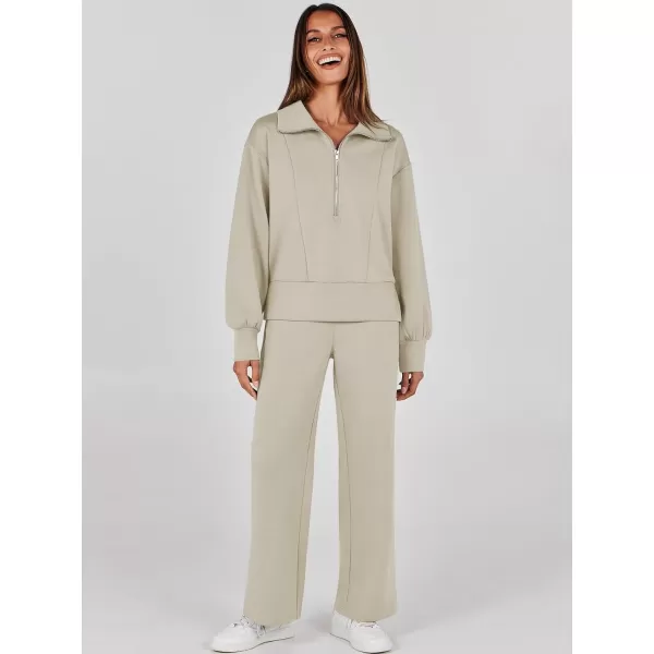 imageANRABESS Womens Two Piece Outfits 2023 Fall Sweatsuit Set Half Zip Cropped Sweatshirt Wide Leg Sweatpant Lounge SetLight Khaki