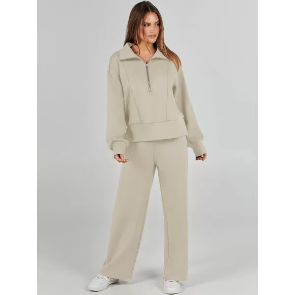 imageANRABESS Womens Two Piece Outfits 2023 Fall Sweatsuit Set Half Zip Cropped Sweatshirt Wide Leg Sweatpant Lounge SetLight Khaki