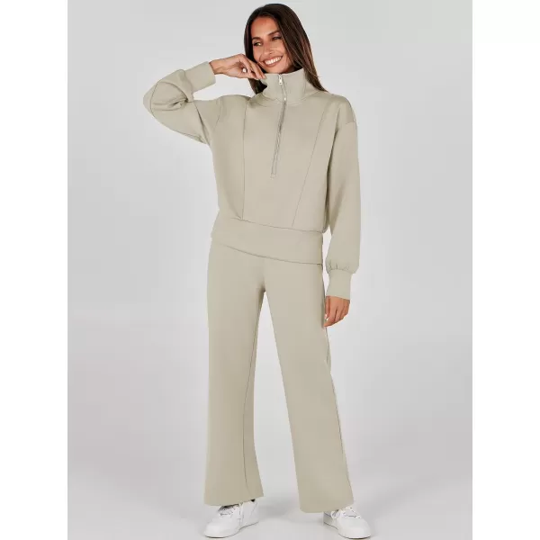 imageANRABESS Womens Two Piece Outfits 2023 Fall Sweatsuit Set Half Zip Cropped Sweatshirt Wide Leg Sweatpant Lounge SetLight Khaki