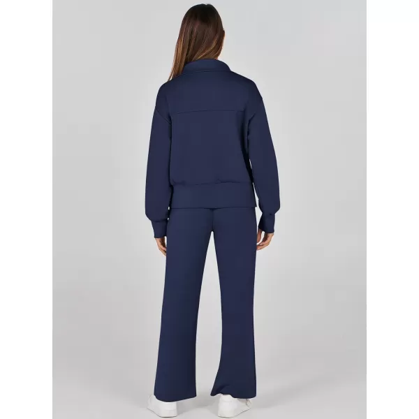 imageANRABESS Womens Two Piece Outfits 2023 Fall Sweatsuit Set Half Zip Cropped Sweatshirt Wide Leg Sweatpant Lounge SetNavy Blue