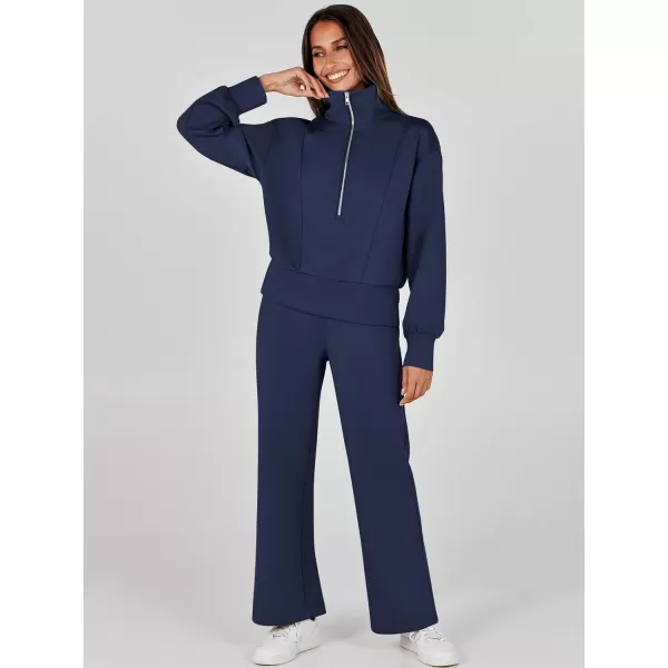 imageANRABESS Womens Two Piece Outfits 2023 Fall Sweatsuit Set Half Zip Cropped Sweatshirt Wide Leg Sweatpant Lounge SetNavy Blue
