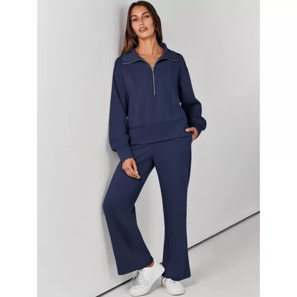 imageANRABESS Womens Two Piece Outfits 2023 Fall Sweatsuit Set Half Zip Cropped Sweatshirt Wide Leg Sweatpant Lounge SetNavy Blue