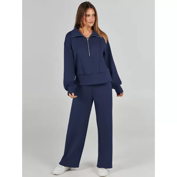 imageANRABESS Womens Two Piece Outfits 2023 Fall Sweatsuit Set Half Zip Cropped Sweatshirt Wide Leg Sweatpant Lounge SetNavy Blue