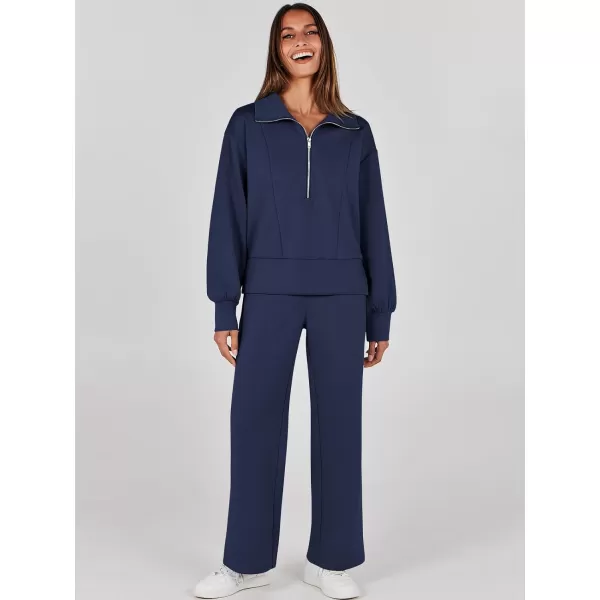 imageANRABESS Womens Two Piece Outfits 2023 Fall Sweatsuit Set Half Zip Cropped Sweatshirt Wide Leg Sweatpant Lounge SetNavy Blue