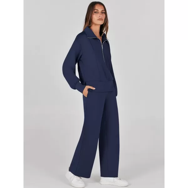 imageANRABESS Womens Two Piece Outfits 2023 Fall Sweatsuit Set Half Zip Cropped Sweatshirt Wide Leg Sweatpant Lounge SetNavy Blue