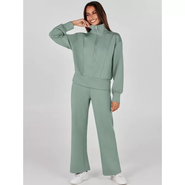 imageANRABESS Womens Two Piece Outfits 2023 Fall Sweatsuit Set Half Zip Cropped Sweatshirt Wide Leg Sweatpant Lounge SetPea Green