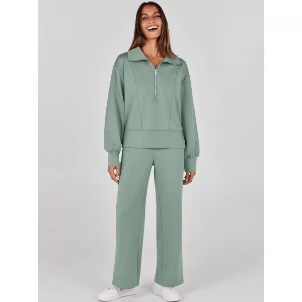 imageANRABESS Womens Two Piece Outfits 2023 Fall Sweatsuit Set Half Zip Cropped Sweatshirt Wide Leg Sweatpant Lounge SetPea Green