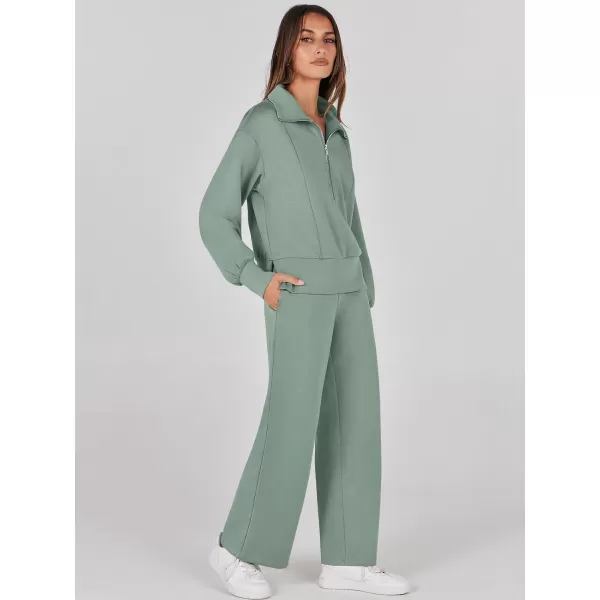 imageANRABESS Womens Two Piece Outfits 2023 Fall Sweatsuit Set Half Zip Cropped Sweatshirt Wide Leg Sweatpant Lounge SetPea Green