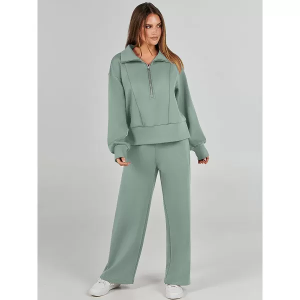imageANRABESS Womens Two Piece Outfits 2023 Fall Sweatsuit Set Half Zip Cropped Sweatshirt Wide Leg Sweatpant Lounge SetPea Green