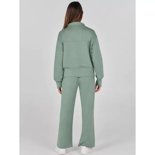 imageANRABESS Womens Two Piece Outfits 2023 Fall Sweatsuit Set Half Zip Cropped Sweatshirt Wide Leg Sweatpant Lounge SetPea Green