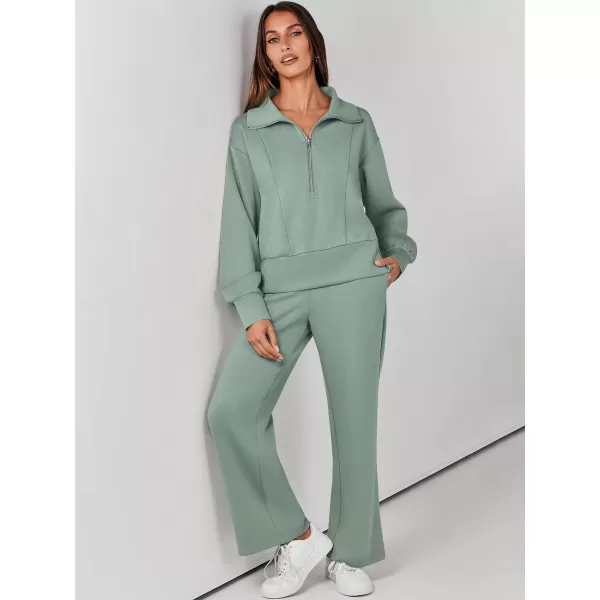 imageANRABESS Womens Two Piece Outfits 2023 Fall Sweatsuit Set Half Zip Cropped Sweatshirt Wide Leg Sweatpant Lounge SetPea Green
