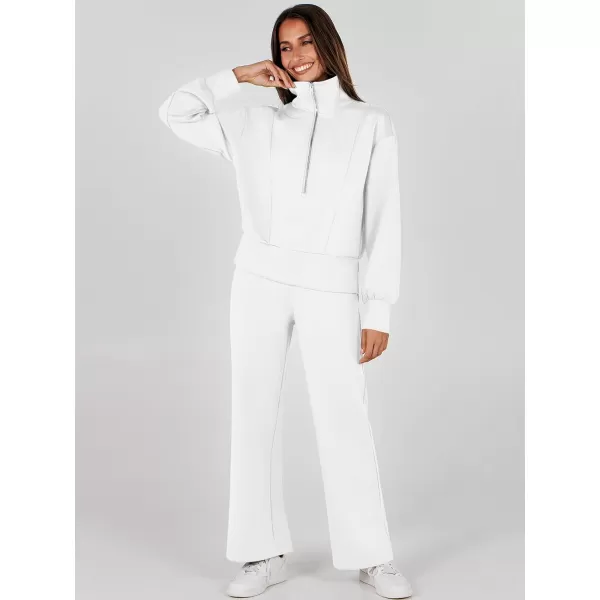 imageANRABESS Womens Two Piece Outfits 2023 Fall Sweatsuit Set Half Zip Cropped Sweatshirt Wide Leg Sweatpant Lounge SetWhite