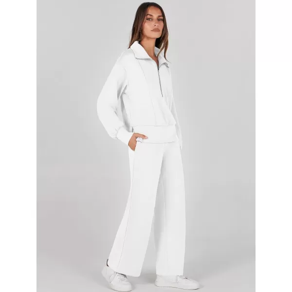 imageANRABESS Womens Two Piece Outfits 2023 Fall Sweatsuit Set Half Zip Cropped Sweatshirt Wide Leg Sweatpant Lounge SetWhite