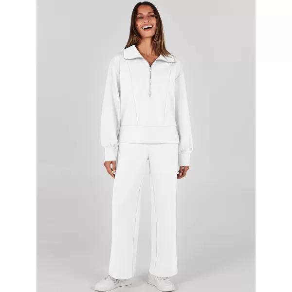 imageANRABESS Womens Two Piece Outfits 2023 Fall Sweatsuit Set Half Zip Cropped Sweatshirt Wide Leg Sweatpant Lounge SetWhite