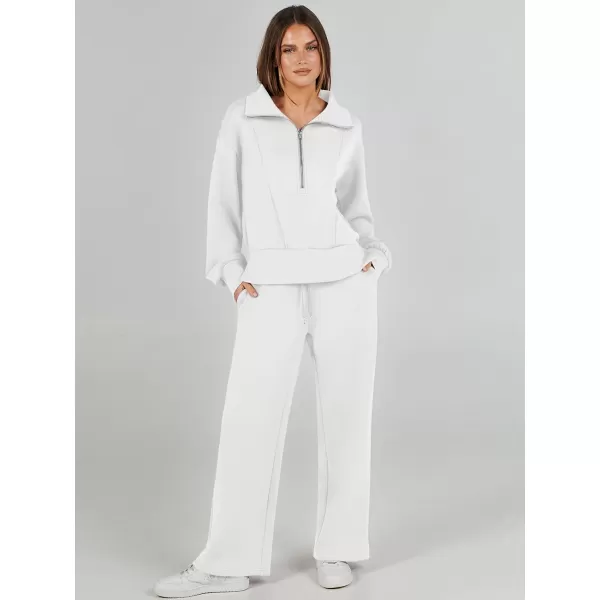 imageANRABESS Womens Two Piece Outfits 2023 Fall Sweatsuit Set Half Zip Cropped Sweatshirt Wide Leg Sweatpant Lounge SetWhite