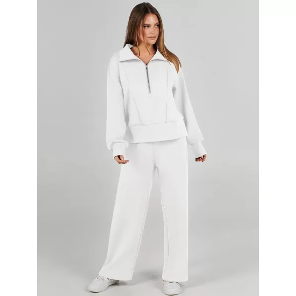 imageANRABESS Womens Two Piece Outfits 2023 Fall Sweatsuit Set Half Zip Cropped Sweatshirt Wide Leg Sweatpant Lounge SetWhite