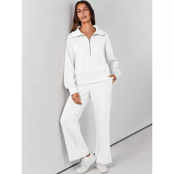 imageANRABESS Womens Two Piece Outfits 2023 Fall Sweatsuit Set Half Zip Cropped Sweatshirt Wide Leg Sweatpant Lounge SetWhite