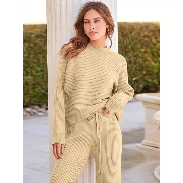 imageANRABESS Womens Two Piece Outfits Batwing Long Sleeve Crop Top amp Ribbed Knit Wide Leg Pants Loungewear Sweater SetsApricot