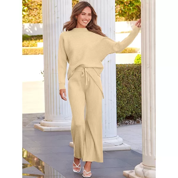 imageANRABESS Womens Two Piece Outfits Batwing Long Sleeve Crop Top amp Ribbed Knit Wide Leg Pants Loungewear Sweater SetsApricot
