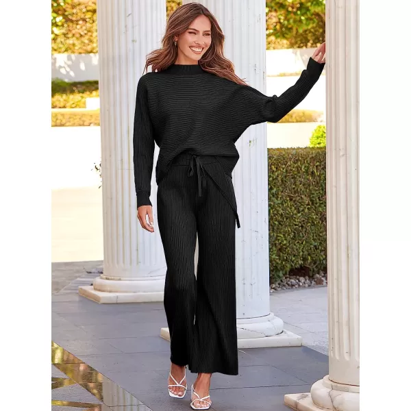 imageANRABESS Womens Two Piece Outfits Batwing Long Sleeve Crop Top amp Ribbed Knit Wide Leg Pants Loungewear Sweater SetsBlack