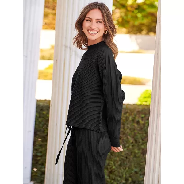 imageANRABESS Womens Two Piece Outfits Batwing Long Sleeve Crop Top amp Ribbed Knit Wide Leg Pants Loungewear Sweater SetsBlack