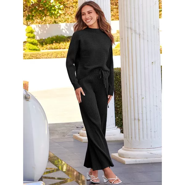 imageANRABESS Womens Two Piece Outfits Batwing Long Sleeve Crop Top amp Ribbed Knit Wide Leg Pants Loungewear Sweater SetsBlack