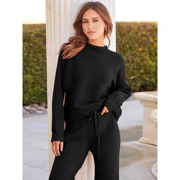 imageANRABESS Womens Two Piece Outfits Batwing Long Sleeve Crop Top amp Ribbed Knit Wide Leg Pants Loungewear Sweater SetsBlack