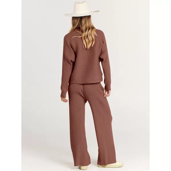 imageANRABESS Womens Two Piece Outfits Batwing Long Sleeve Crop Top amp Ribbed Knit Wide Leg Pants Loungewear Sweater SetsCoffee