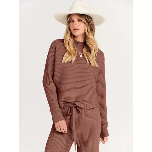 imageANRABESS Womens Two Piece Outfits Batwing Long Sleeve Crop Top amp Ribbed Knit Wide Leg Pants Loungewear Sweater SetsCoffee