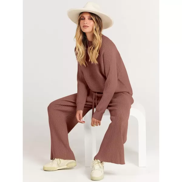 imageANRABESS Womens Two Piece Outfits Batwing Long Sleeve Crop Top amp Ribbed Knit Wide Leg Pants Loungewear Sweater SetsCoffee