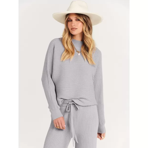 imageANRABESS Womens Two Piece Outfits Batwing Long Sleeve Crop Top amp Ribbed Knit Wide Leg Pants Loungewear Sweater SetsGray